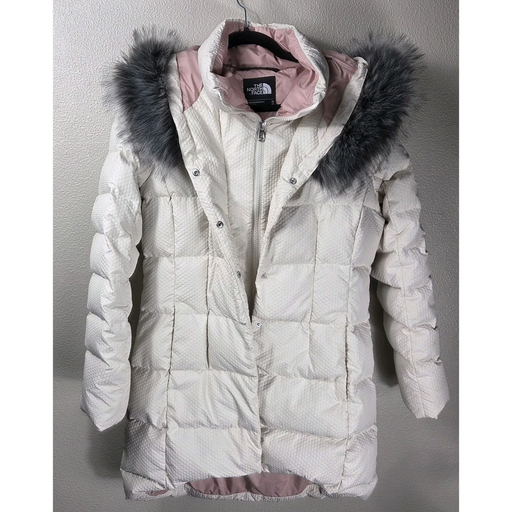 The North Face 550 Down Parka Women's M Ivory Hooded Faux Fur Winter Coat